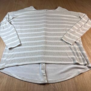 Women’s Plus 18/20W Soft Beige Ivory Stripe Fall Top 3/4 Sleeve Button Back